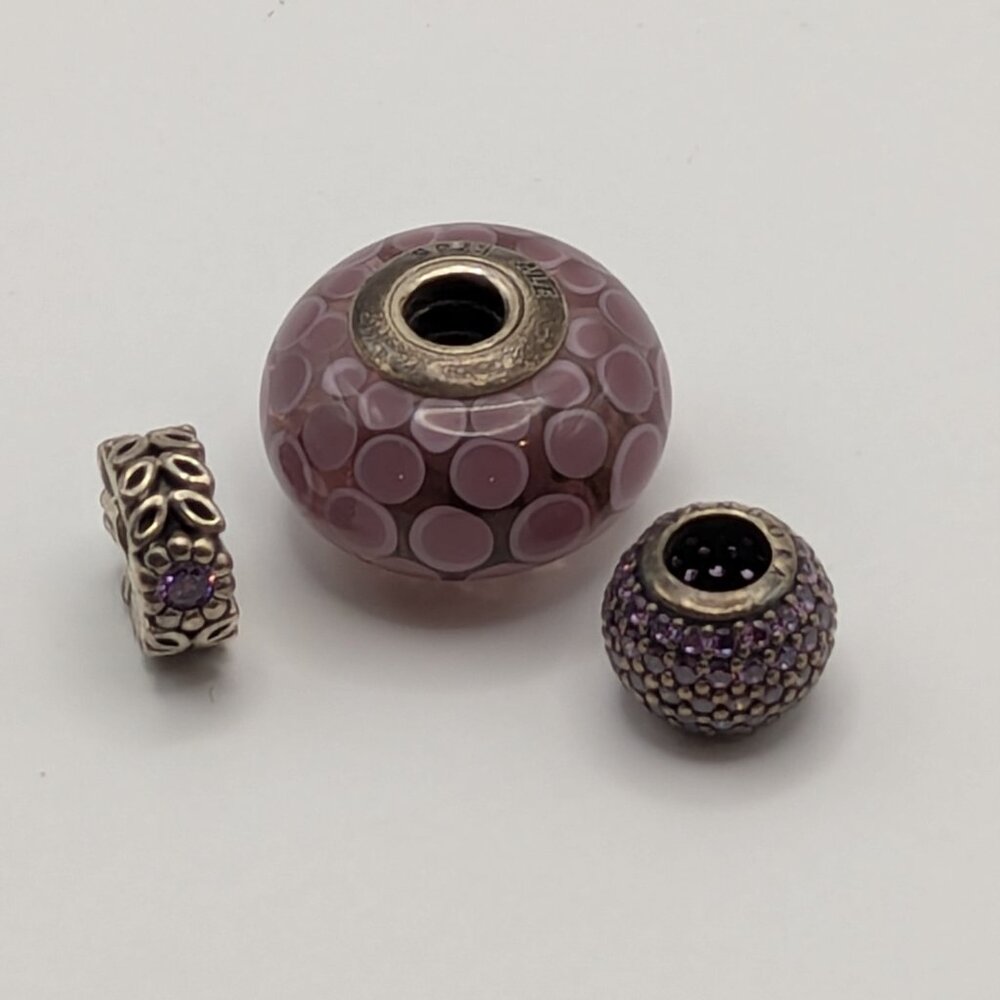 Retired Large Pandora Purple Murano Glass and two matching purple spacers